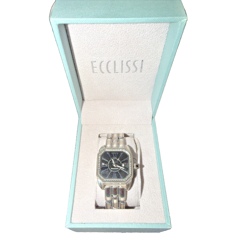 Vintage ECCLISSI Date Watch Sterling Silver Case Black Dial w Box